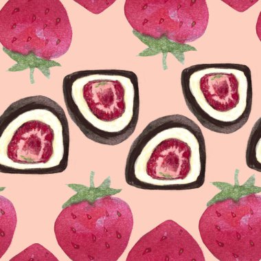 Suluboya çilek, şeftali arkaplanda çikolata deseni, yemek tasarımı için el çizimi. Paketler, ambalaj kağıtları, posterler, tekstil, restoran, kafe menüsü, doğal organik gıda etiketi, logo ve dekor.