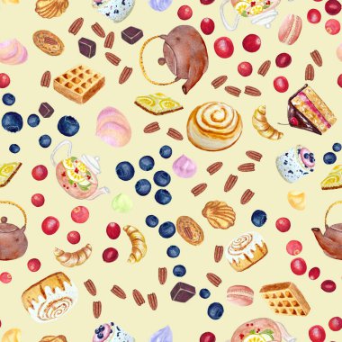 Suluboya çaydanlıklar ve tatlılar çikolata arka planında kusursuz desenler oluşturuyor, yiyecek tasarımı için elle çizilmiş. Paket kağıdı, restoran ve kafe menüsü, poster, duvar kağıdı, baskı, bant ve paketler.