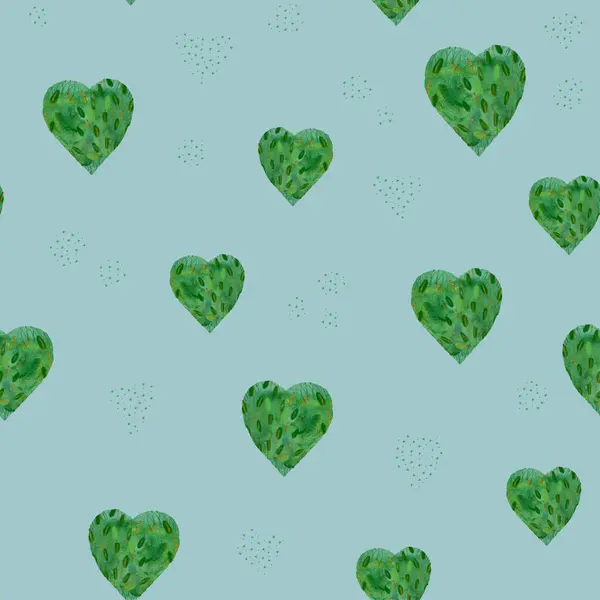 Hand painted watercolor green hearts pattern on teal background. High quality flat illustration. For cards, posters, textile, covers, mothers day, eco materials, wrapping paper, wallpaper, tote bags.