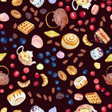 Suluboya çaydanlıklar ve tatlılar çikolata arka planında kusursuz desenler oluşturuyor, yiyecek tasarımı için elle çizilmiş. Paket kağıdı, restoran ve kafe menüsü, poster, duvar kağıdı, baskı, bant ve paketler.