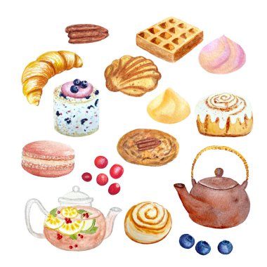 Suluboya çaydanlıklar ve tatlılar beyaz arka planda izole edilmiş, yiyecek tasarımı için elle çizilmiş. Çay kutusu, restoran ve kafe menüsü, doğal organik gıda, şablon etiketi, baskı, logo ve paketler.