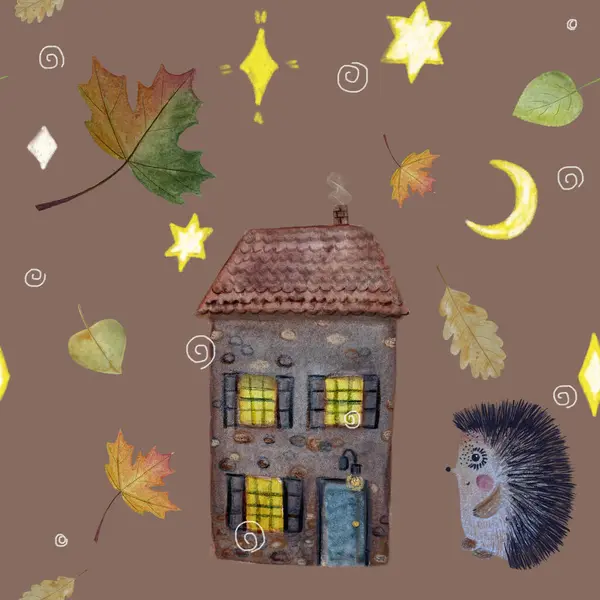 Watercolor pattern hand painted. Hedgehog house autumn leaves flat illustration on cacao background. High quality for posters, notebooks, cards, textile, pillows, childrens room design.
