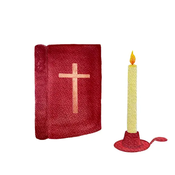 Watercolor high quality hand drawn Bible candle set isolated on white. Illustration for cards, stickers, Easter, Passover, Holy Thursday, christening baptism, wedding church decor design.