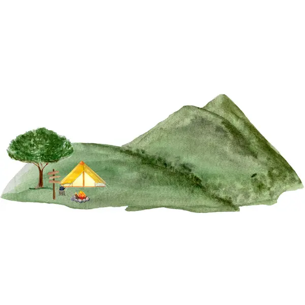 Watercolor hand painted camping mountain scenery isolated on white. Wooden signpost, bonfire, yellow tent. High quality illustration for cards, banners, packages, invitations, guides design