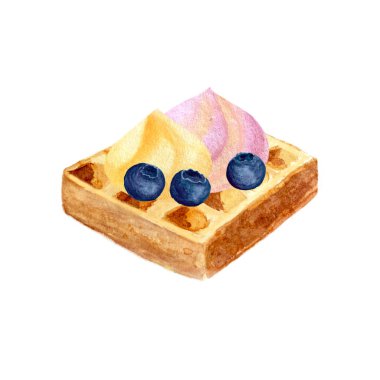 Beyaz arka planda izole edilmiş dondurmalı suluboya Belçika waffle 'ı. Yemek tasarımı için elle çizilmiş. Paketler, restoran ve kafe menüsü, doğal organik gıda, şablon etiketi, baskı, logo ve dekor.