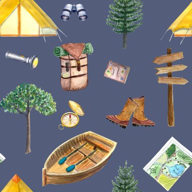 Gri üzerine elle boyanmış suluboya desenler. Açık hava turizm sembolleri. Tasarım için yüksek kalite illüstrasyon. Paketleme ve duvar kağıdı, seyahat acenteleri, kartlar, kapaklar, davetiyeler ve rehberler.