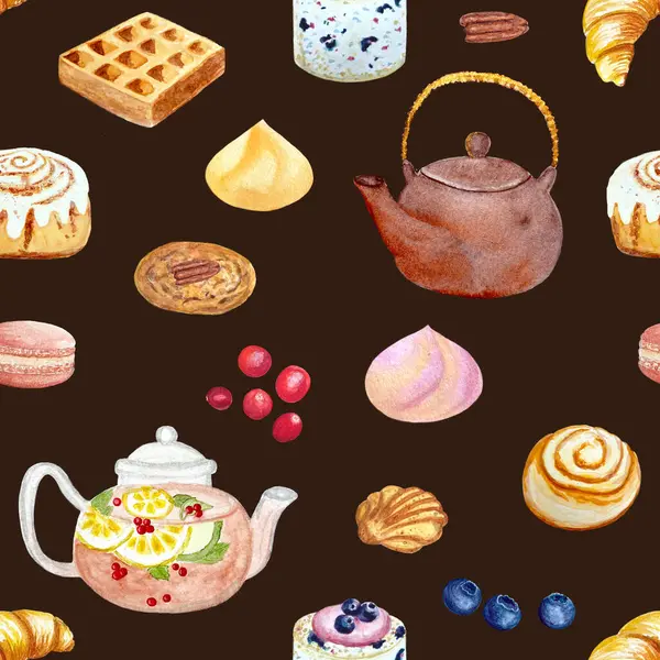 Suluboya çaydanlıklar ve tatlılar koyu kahverengi arka planda pürüzsüz desenler oluşturuyor, yiyecek tasarımı için elle çizilmiş. Paket kağıdı, restoran ve kafe menüsü, poster, duvar kağıdı, baskı, bant ve paketler.