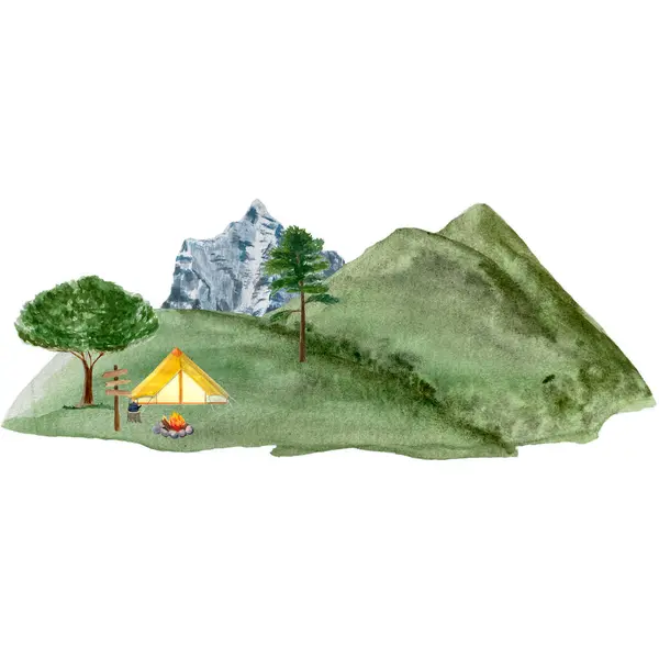 Watercolor hand painted camping mountain scenery isolated on white. Wooden signpost, poppies, yellow tent. High quality illustration for cards, banners, packages, invitations, guides design