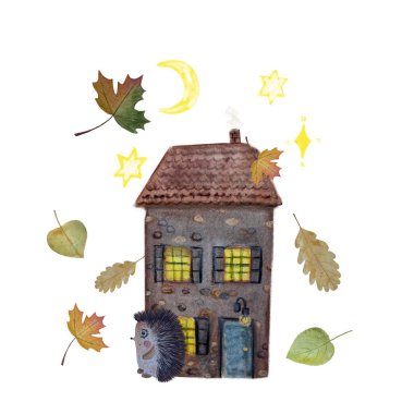 Suluboya desenli afiş beyaza izole edilmiş. Fantezi kirpi evi sonbahar yaprakları clipart. Posterler, defterler, kartlar, tekstil, yastıklar, pijamalar, çocuklar için yüksek kalite illüstrasyon