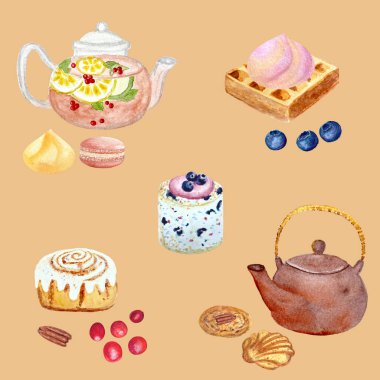 Suluboya çaydanlıklar ve tatlılar karamel arka planda kusursuz desenler oluşturuyor, besin tasarımı için elle çizilmiş. Paket kağıdı, restoran ve kafe menüsü, posterler, duvar kağıdı, baskı, logo, paket dekorasyonu.