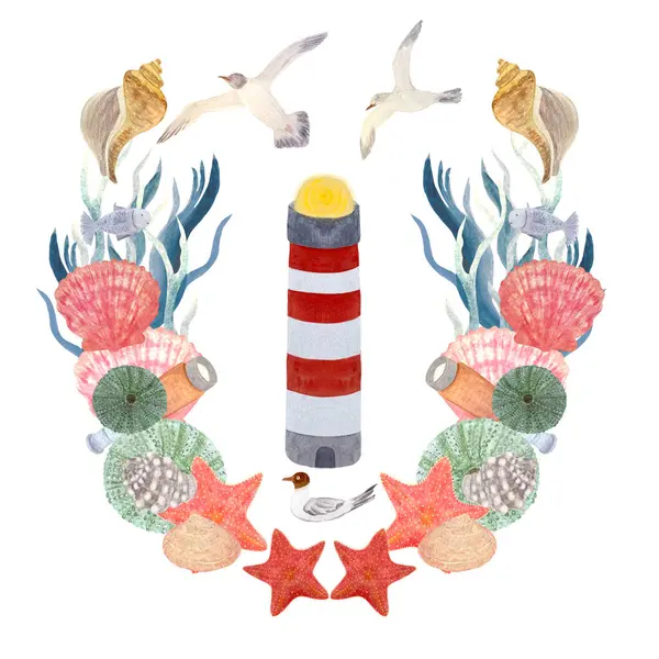 Watercolor hand-drawn frame of underwater ocean creatures with lighthouse isolated on white. High quality nautical illustration for notebooks, cards, celebrations, stickers, packages and logo design