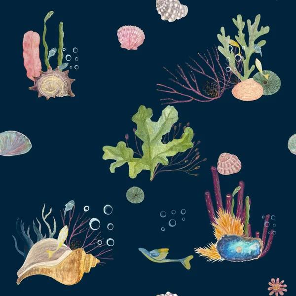 Watercolor hand-drawn underwater sea seamless pattern on dark blue. High quality illustration for decorations, notebook, scrapbooking, wrapping paper, wallpaper, cards, textile, diving ads design.