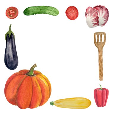 Suluboya el, yüksek kaliteli sebze kabaklı patlıcan ve beyaz üzerine izole edilmiş ahşap bir spatula çerçevesi çizdi. Paketler, restoran kafe menüsü, tarifler, organik gıda, etiket, logo dekor ve tasarım.