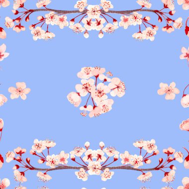 Suluboya el, parlak mavi arka planda, yüksek kalite pembe sakura çiçeği dalının kusursuz desenini boyamış. Kart afişleri, düğün davetiyeleri, güzellik salonları ve ambalajlar için yüksek kaliteli illüstrasyon
