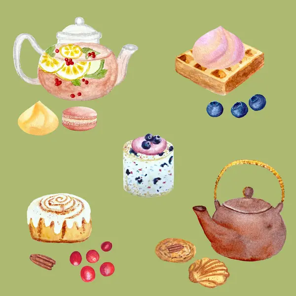 A watercolor painting of teapots , cakes , cookies , and waffles on a green background . High quality seamless pattern hand drawn for food design. Wrapping paper, cafe menu, posters, logo, packages.