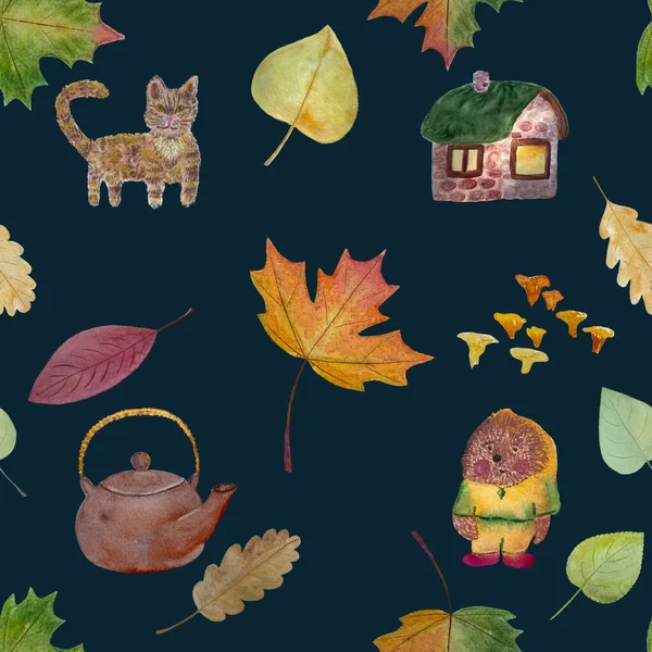 Fantasy hedgehog cat house autumn leaves pattern on dark background. High quality illustration for wallpaper, wrapping paper, cards, covers, textile, pillows, childrens room design, celebrations.