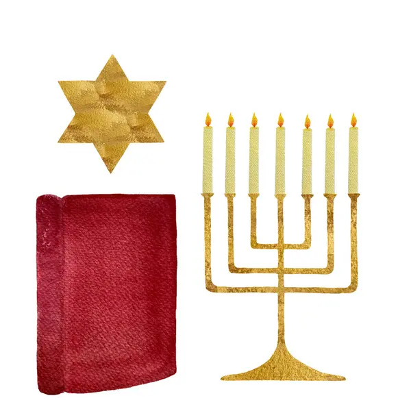 Watercolor menorah for Hanuka, Holy Book, star candle religious illustration isolated on white. Set for cards, stickers, packages, tote bags, posters, bookmark, wedding church celebration decor design