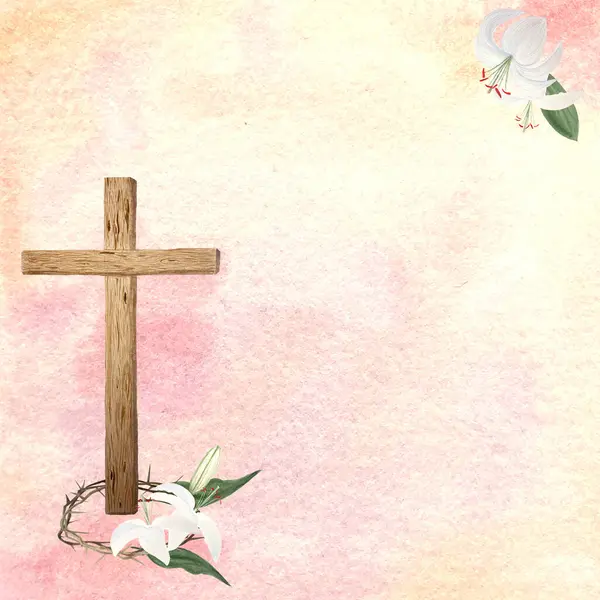 Watercolor wooden cross, crown of thorns, lily card on peach background. Illustration for cards invitations, template, Easter, Passover, Holy Thursday, christening baptism, wedding church decor design