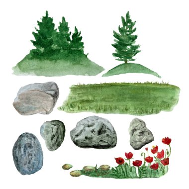 Suluboya el boyası manzara elementleri, kaya ağaçları beyaza izole edilmiş gelincikler. Doğa, tırmanış, manzara, kamp tasarımı. Kartlar, pankartlar, reklamlar ve rehberler için yüksek kaliteli illüstrasyon.