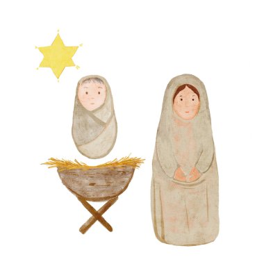 Elle boyanmış suluboya bebek İsa, Mary, beyaz arka planda izole edilmiş ahır. Kartlar, çıkartmalar, gerçek Noel kutlamaları ve dekorasyon için yüksek kaliteli illüstrasyonlar. Sevimli minimalist resim