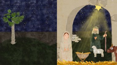El boyası suluboya Mary, ahır girişi, inek, koyun, çoban, yıldız. Kartlar, çıkartmalar, gerçek Noel kutlamaları ve dekorasyon için yüksek kaliteli illüstrasyonlar. Sevimli minimalist resim.