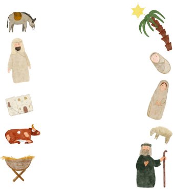 El boyası suluboya Mary, ahır, inek, koyun, çoban, yıldız. Kartlar, çıkartmalar, gerçek Noel kutlamaları ve dekorasyon için yüksek kaliteli illüstrasyonlar. Sevimli minimalist resim.