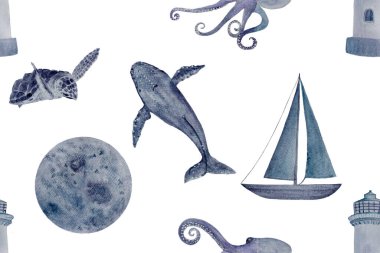 Suluboya yüksek kaliteli el yapımı mor monokromatik deniz canlıları beyazı üzerinde dikişsiz desen. Balina, ahtapot, kaplumbağa, deniz feneri yelkenlisi. Tekstil, eko malzemeler, oda dekorasyonu ve tasarım için harika.