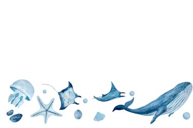 Suluboya yüksek kaliteli el yapımı mor tek renkli deniz canlıları beyazla sınırlıdır. Mavi balina, manta vatozu, deniz kabuğu, deniz yıldızı. Tekstil, eko malzemeler, oda dekorasyonu ve tasarım için harika.