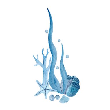Suluboya, beyaza izole edilmiş deniz canlılarının mavi monokromatik bileşimini elle çizer. Not defterleri, rehberler, biletler, çıkartmalar, kasetler, turizm dekorasyonu ve tasarım için yüksek kalite denizcilik illüstrasyonu.