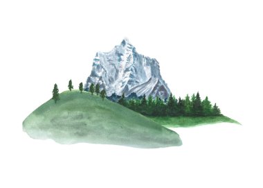 Suluboya boya tablo elementleri doğanın güzelliğini yansıtıyor, beyaz arka planda dağlar, ağaçlar ve yeşil tepeler yer alıyor. Doğal manzaraların huzurlu bir tasviri.