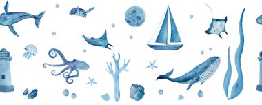 Suluboya yüksek kaliteli el yapımı mavi monokromatik deniz canlıları beyazı üzerinde kusursuz sınırlar çiziyor. Balinalar, denizyıldızı, ahtapot. Tekstil, ekolojik malzemeler, çocuk odası ve banyo dekorasyonu ve tasarımı için harika..