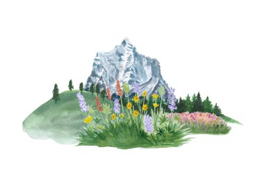 Suluboya boya resim elementleri doğanın güzelliğini yansıtıyor, yabani çiçekler, dağlar, ağaçlar ve beyaza ayrılmış yeşil tepeler. Kartlar, çıkartmalar, posterler, dizayn defterleri için harika.