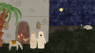 Karanlık arka planda suluboya Noel doğum sahnesi kartı. Takvim, kartlar, pankartlar, ambalaj kağıtları, tekstil, Noel, katılım, davetiyeler, kasetler, posterler ve tasarım.