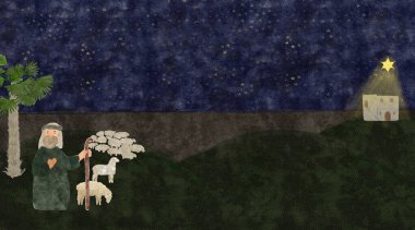 Elle boyanmış suluboya yıldız ışığı, çoban, koyun, antik bir Noel gecesi sahnesi. Kartlar için yüksek kalite illüstrasyon, gerçek Noel kutlaması, dekorasyon. Sevimli minimalist resim.