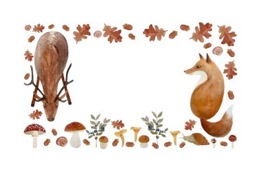 Sonbahar ormanı vahşi bitkiler tilki ve geyik suluboya dikdörtgen çerçeve beyaz üzerinde izole. Ormanlık çocuk tasarımları, kartlar, hediye kutuları ve paketler için basit düz stil el çizimi yüksek kaliteli sanat eserleri.
