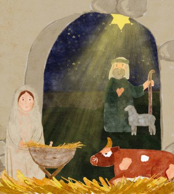El boyası suluboya Mary, ahır girişi, inek, koyun, çoban, yıldız. Kartlar, çıkartmalar, gerçek Noel kutlamaları ve dekorasyon için yüksek kaliteli illüstrasyonlar. Sevimli minimalist resim.