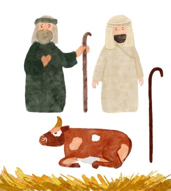 Elle boyanmış suluboya inek, çoban, Joseph, saman beyaz arka planda izole edilmiş. Kartlar, çıkartmalar, gerçek Noel kutlamaları ve dekorasyon için yüksek kaliteli illüstrasyonlar. Sevimli minimalist resim