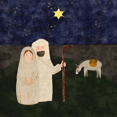 El yapımı suluboya Joseph, Bakire Meryem ve eşekle yıldızlı gece arkaplanı. Kartlar, posterler, gerçek Noel kutlamaları için yüksek kalite illüstrasyon. Sevimli minimalist resim.