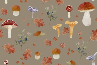 Orman mantarı ve yapraklar sulu boya deseni beyaza izole edilmiş. El yapımı yüksek kaliteli sanat eseri. Vahşi orman bitkileri, orman çocukları için basit düz stil tasarımlar, duvar kağıtları ve yiyecek paketleri..