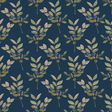 Böğürtlen filizi koyu mavi arka planda dikişsiz sulu boya deseni. El yapımı yüksek kaliteli sanat eseri. Orman tasarımları, tekstil, kartlar, ambalaj tasarımları için basit ve yenilebilir orman bitkisi..