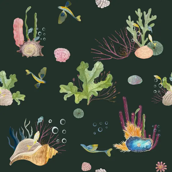 Watercolor hand-drawn underwater sea seamless pattern on dark green. High quality illustration for decorations, notebook, scrapbooking, wrapping paper, wallpaper, cards, textile, diving ads design.