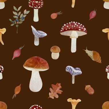 Orman mantarı suluboya, koyu kahverengi üzerinde pürüzsüz desen. Ormanlık çocuk tasarımları, duvar kağıtları, yemek paketleri için basit düz stil vahşi yenilebilir orman bitkileriyle el yapımı yüksek kaliteli sanat eserleri..