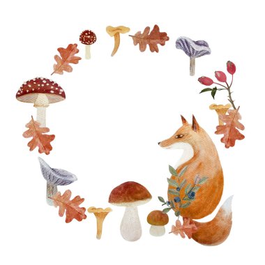 Orman bitkilerindeki tilki, beyaza izole edilmiş suluboya resimlerini çerçeveler. El çizimi sanat eserleri. Ormanlık çocuk tasarımları, tekstil, iç dekorasyon, çıkartmalar, kartlar, çantalar için basit düz stil hayvanlar. 