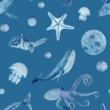 Kaplumbağa, balina ve diğer deniz canlıları mavinin üzerinde tek renkli dikişsiz desen. Yüksek kaliteli el yapımı sanat eserleri. Tekstil, hediyelik eşya, duvar kağıdı, ambalaj kağıdı ve ekolojik malzeme tasarımı için harika..