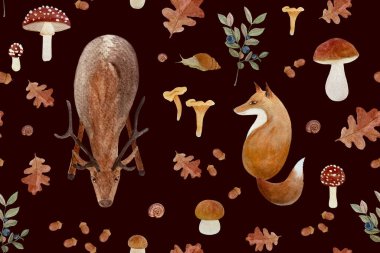 Sonbahar ormanı yabani bitkiler ve hayvanlar koyu arka planda sulu boya desenleri. Ormanlık çocuk tasarımları, duvar kâğıtları, ambalaj kağıtları ve paketler için basit düz tarzda elle çizilmiş yüksek kaliteli sanat eserleri