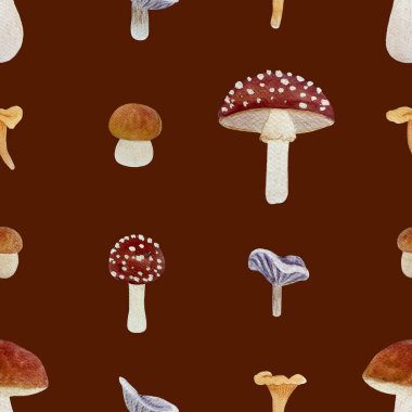 Orman mantarı suluboya, kahverengi üzerine izole edilmiş, pürüzsüz desen. Ormanlık çocuk tasarımları, duvar kağıtları, yemek paketleri için basit düz stil vahşi yenilebilir orman bitkileriyle el yapımı yüksek kaliteli sanat eserleri..