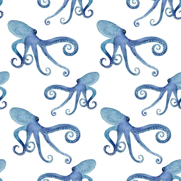 Octopus hand-drawn in watercolor seamless pattern isolated on white. High quality blue gradient monochromatic illustration for notebooks, posters, wallpaper, wrapping paper, eco, oceanarium, textile.