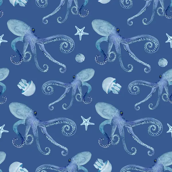 Octopus hand-drawn in watercolor seamless pattern on blue background. High quality blue gradient monochromatic illustration for notebooks, posters, wallpaper, wrapping paper, eco, oceanarium, textile.