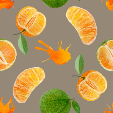 Yeşil turuncu mandalina ve renk, sulu boya deseni açık kahverengi üzerine serpiştirir. Yemek tasarımı için elle çizilmiş. Paketler, ambalaj kağıtları, posterler, kafe menüsü, organik gıda, etiket, logo ve dekor.