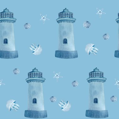 Deniz feneri denizanası, denizyıldızı desenli el maviye suluboya çizilmiş. Ambalaj kağıdı, tekstil, duvar kağıdı, defterler, hatıralar, oda dekorasyonu için yüksek kaliteli mavi monokromatik illüstrasyon.